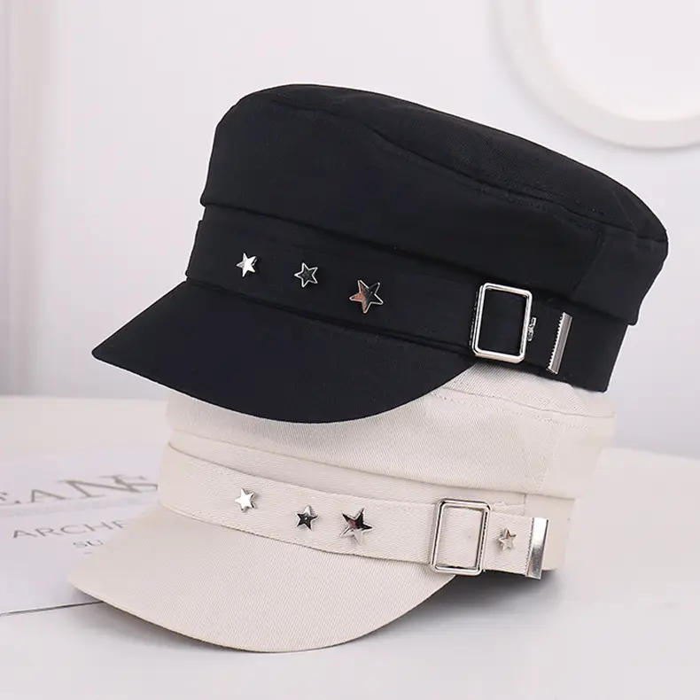 Women's Star Belt Buckle Flat Top Hat Beige — feature 25