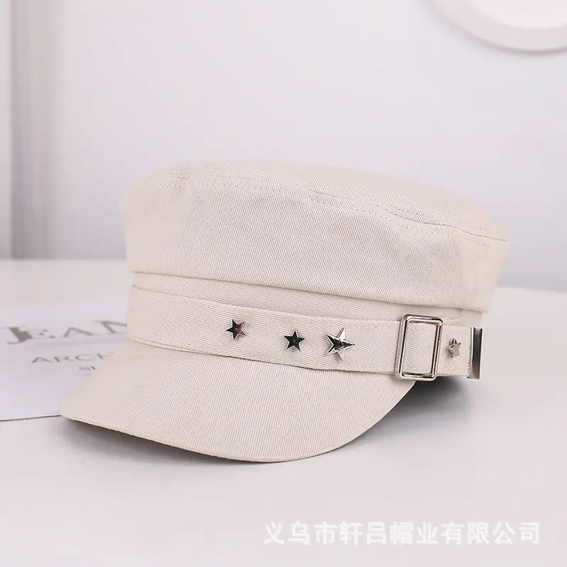 Women's Star Belt Buckle Flat Top Hat Beige