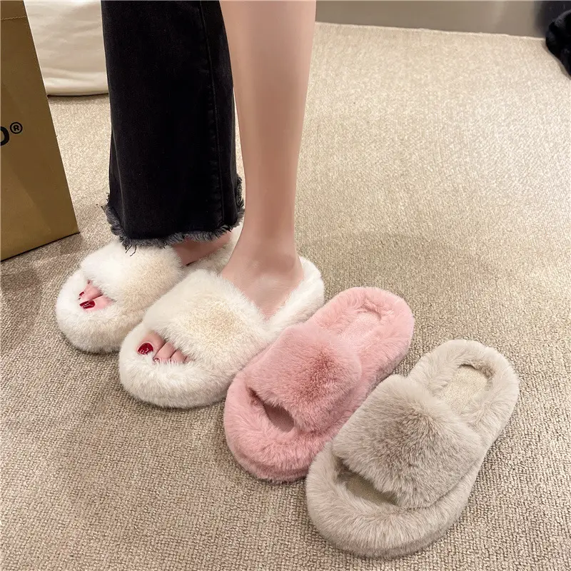 4cm Thick-Soled Furry Slippers for Women, Suitable for Outdoor Wear, New Autumn/Winter 2025 Model, Open-Toe Plush Cotton Slippers for Women