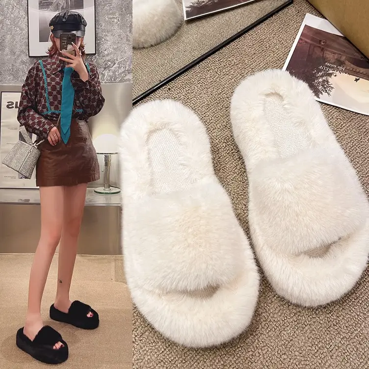4cm Thick-Soled Furry Slippers for Women, Suitable for Outdoor Wear, New Autumn/Winter 2025 Model, Open-Toe Plush Cotton Slippers for Women