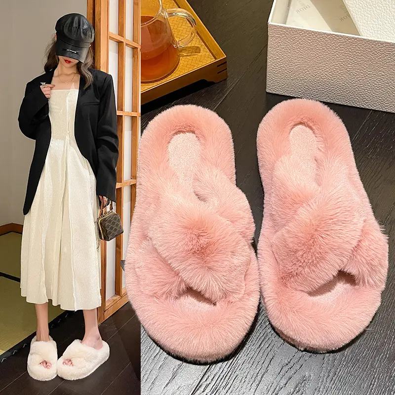 4cm Export Cross-Tied Furry Slippers for Women, Suitable for Outdoor Wear, 2025 Autumn and Winter New Style Home Cotton Slippers, Indoor Plush Slippers
