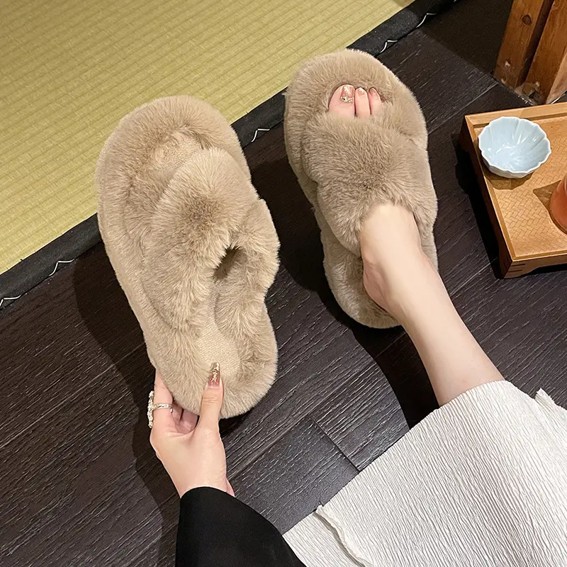 4cm Export Cross-Tied Furry Slippers for Women, Suitable for Outdoor Wear, 2025 Autumn and Winter New Style Home Cotton Slippers, Indoor Plush Slippers