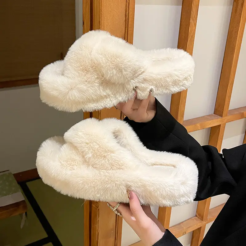 4cm Export Cross-Tied Furry Slippers for Women, Suitable for Outdoor Wear, 2025 Autumn and Winter New Style Home Cotton Slippers, Indoor Plush Slippers
