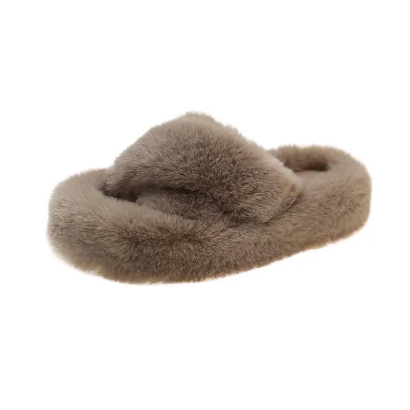 4cm Export Cross-Tied Furry Slippers for Women, Suitable for Outdoor Wear, 2025 Autumn and Winter New Style Home Cotton Slippers, Indoor Plush Slippers
