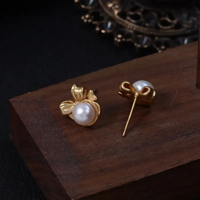 Hong Kong Style Bow Pearl Earrings Gold Plated - Image 3