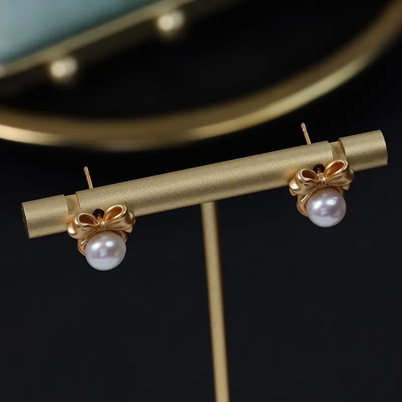 Hong Kong Style Bow Pearl Earrings Gold Plated - Image 4