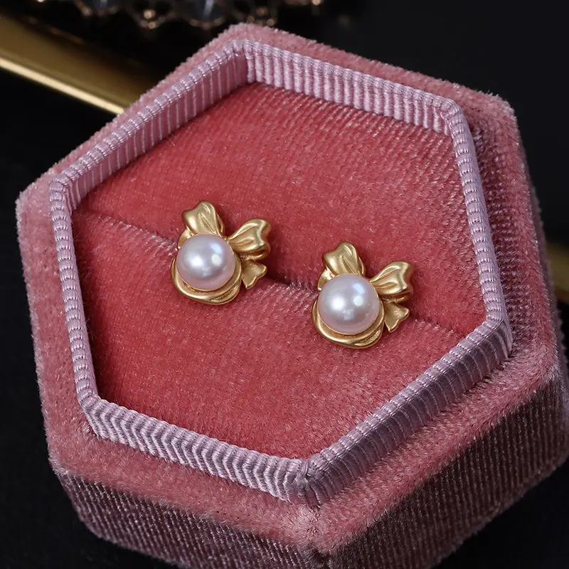 Hong Kong Style Bow Pearl Earrings Gold Plated - Image 5