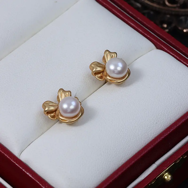 Hong Kong Style Bow Pearl Earrings Gold Plated - Image 6