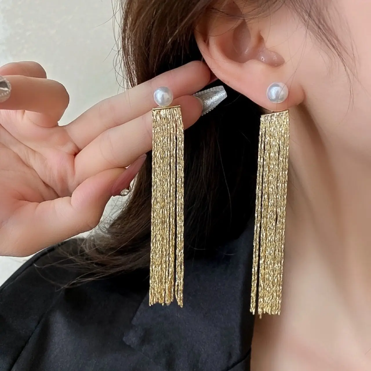 14K Gold Tassel Earrings with Pearl & Needle Design - Image 2