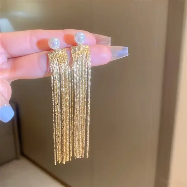 14K Gold Tassel Earrings with Pearl & Needle Design - Image 3