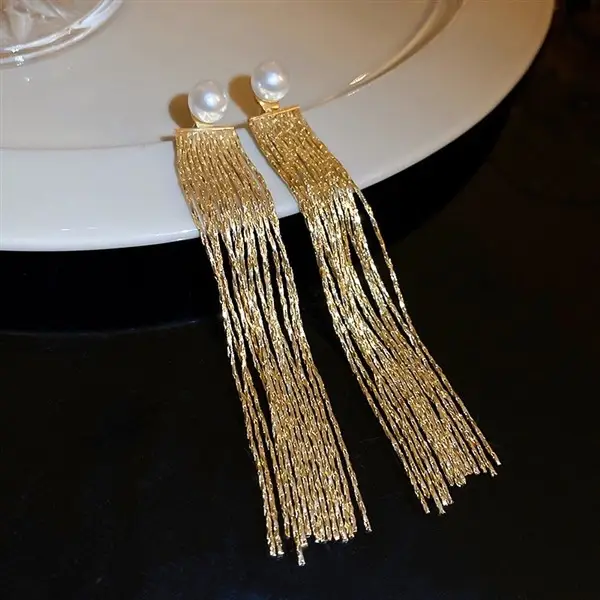14K Gold Tassel Earrings with Pearl & Needle Design - Image 4