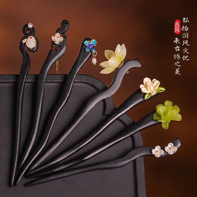 Wooden Hairpin with Cherry Embroidery for Women