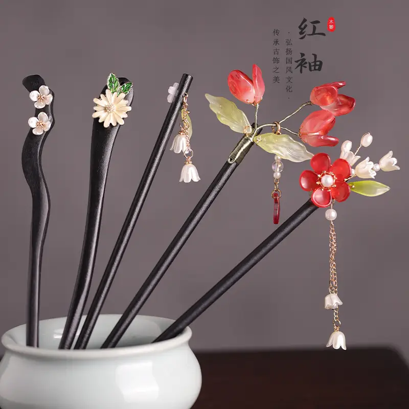 Wooden Hairpin with Cherry Embroidery for Women