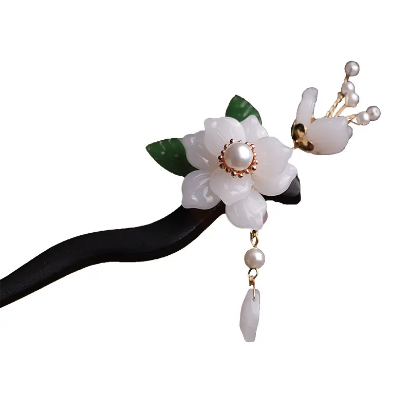 Wooden Hairpin with Cherry Embroidery for Women