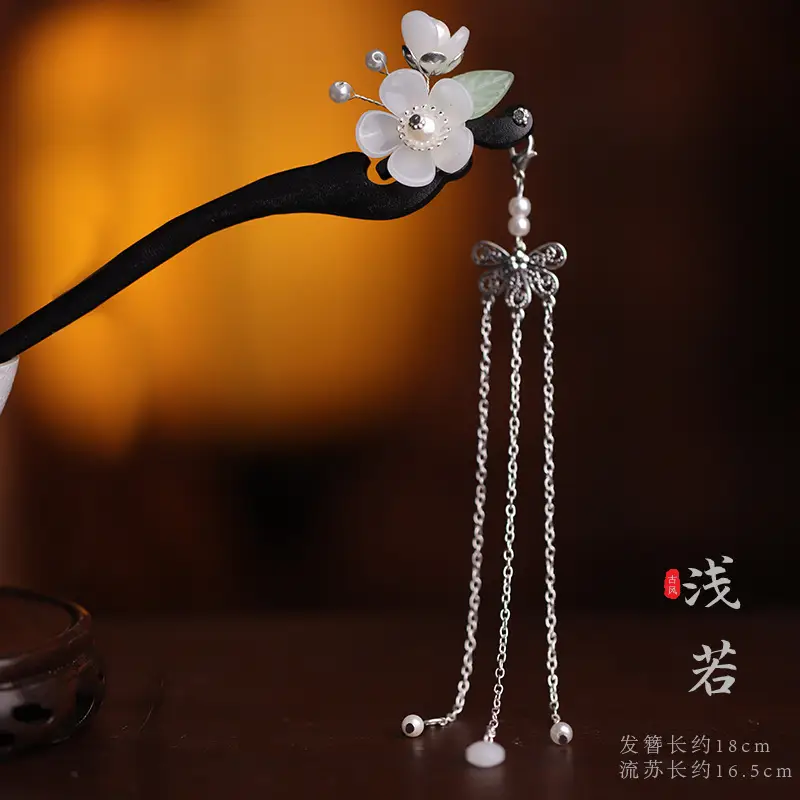 Wooden Hairpin with Cherry Embroidery for Women