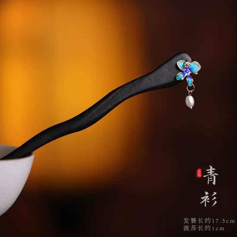 Wooden Hairpin with Cherry Embroidery for Women