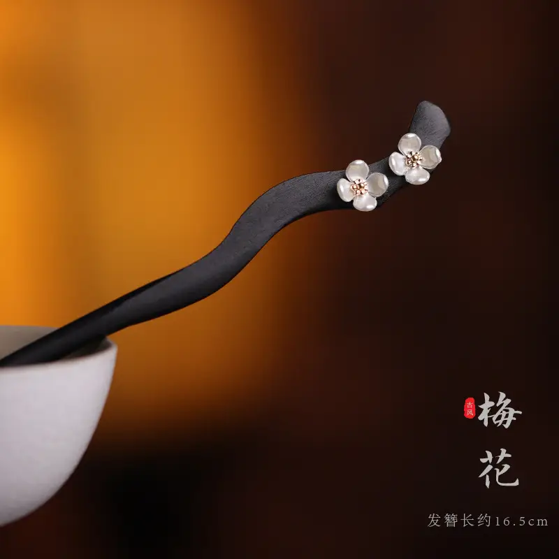 Wooden Hairpin with Cherry Embroidery for Women