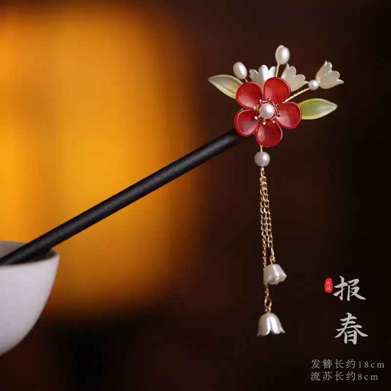 Wooden Hairpin with Cherry Embroidery for Women