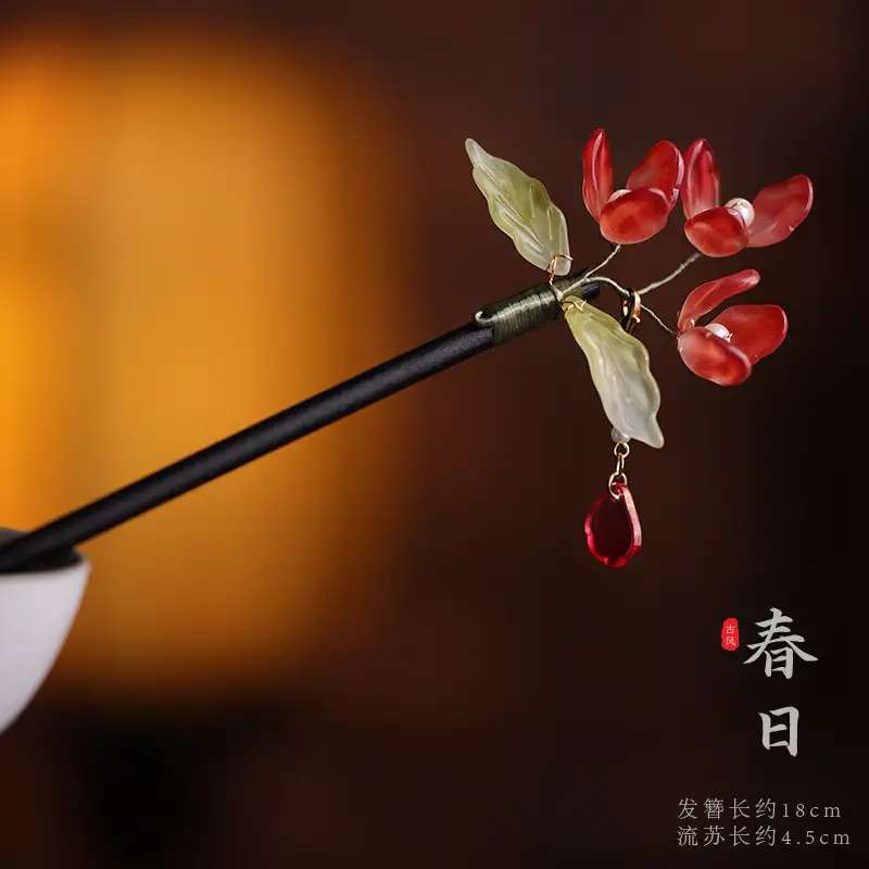 Wooden Hairpin with Cherry Embroidery for Women