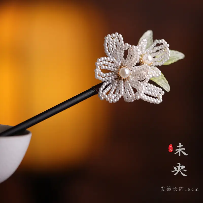 Wooden Hairpin with Cherry Embroidery for Women