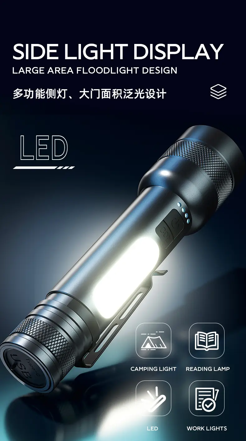 18650 Lithium Battery Cross-Country Flashlight COB Zoom 3-Color β feature 8