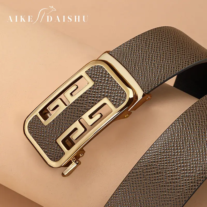 Men's Automatic Buckle Cowhide Belt with Gold Plated Design - Image 2