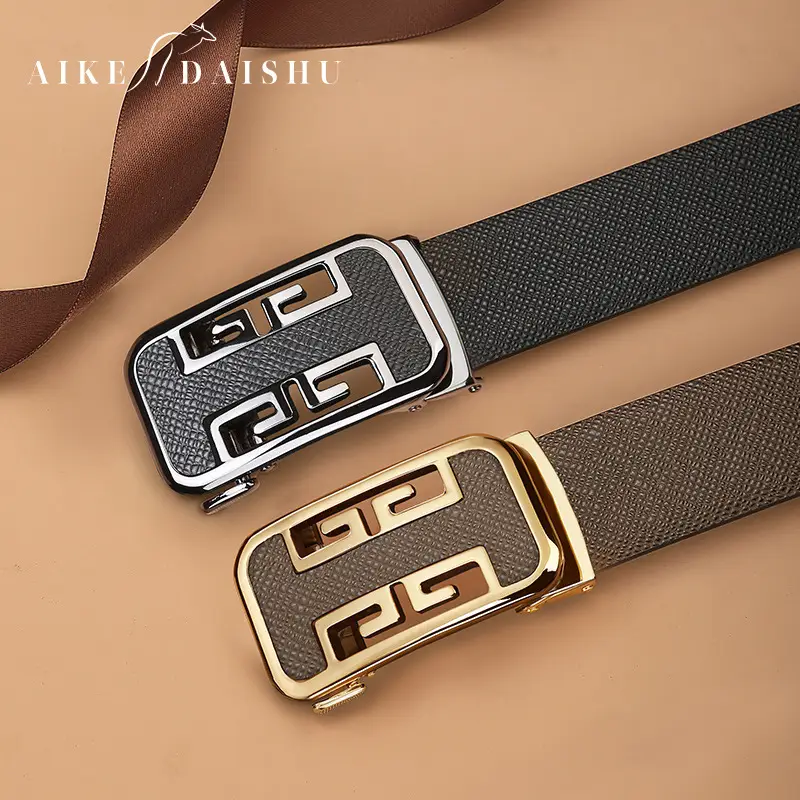 Men's Automatic Buckle Cowhide Belt with Gold Plated Design - Image 4