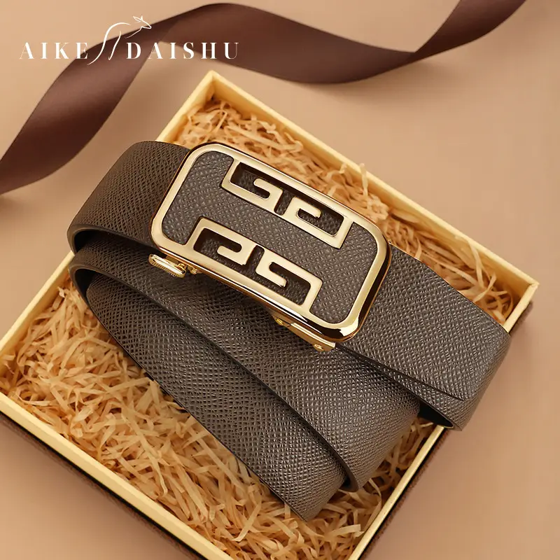 Men's Automatic Buckle Cowhide Belt with Gold Plated Design - Image 5