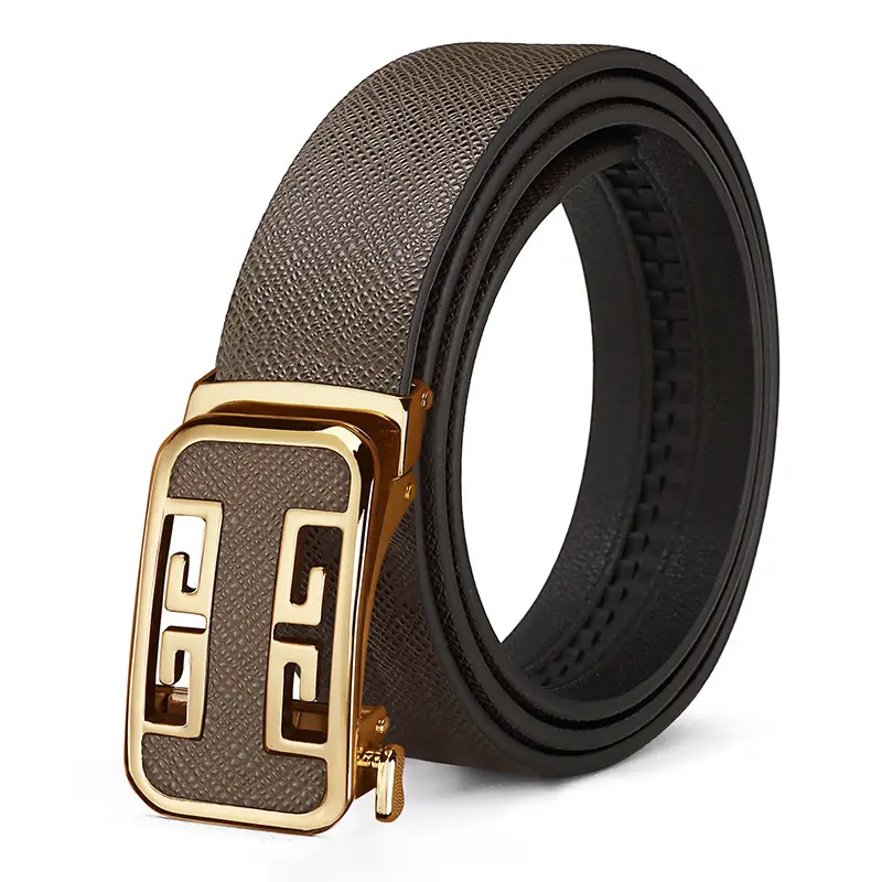Men's Automatic Buckle Cowhide Belt with Gold Plated Design