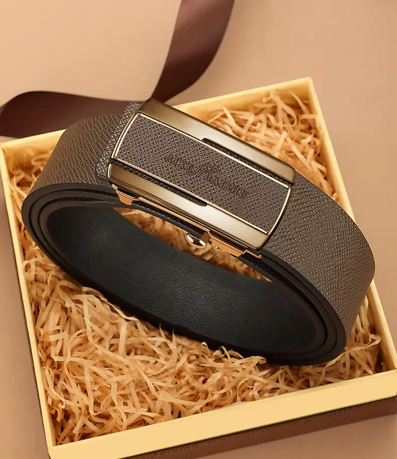 Men's Genuine Leather Belt with Automatic Buckle & Gold Plated Clasp — feature 13