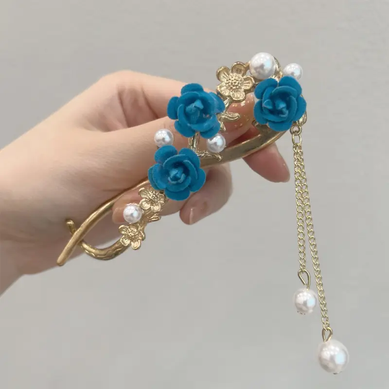 Gold Plated Blue Pearl Hair Clip for Women - Image 4