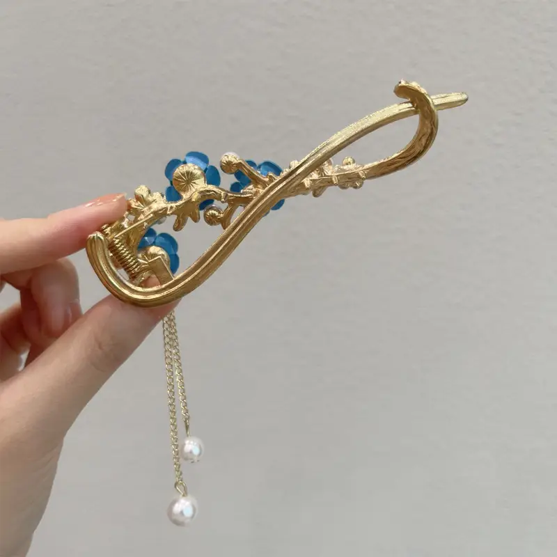 Gold Plated Blue Pearl Hair Clip for Women - Image 5