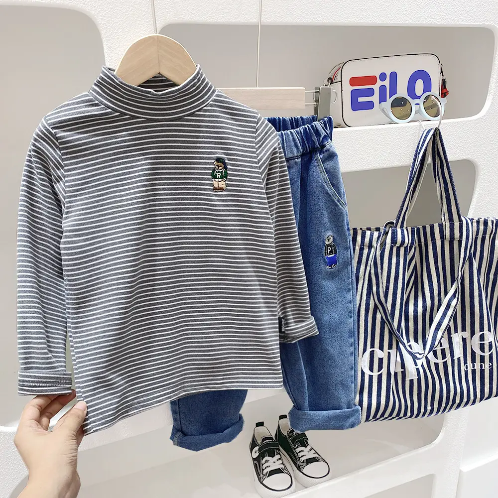 Boy's Striped Fleece 2-Turn Set Blue Pants - Image 5