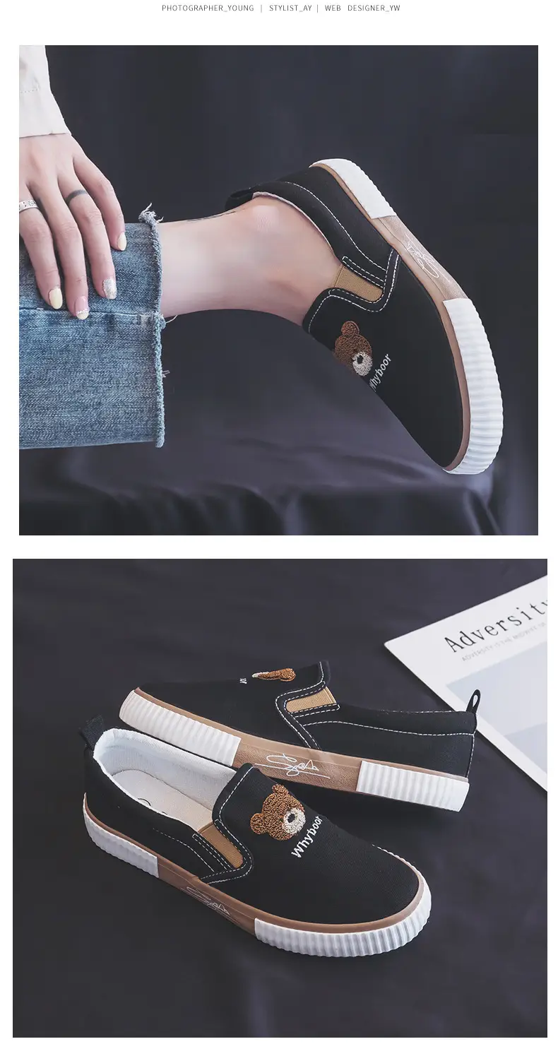 Work practice low-top elastic band slip-on women's shoes all-match breathable slip-on bear black canvas shoes — feature 12