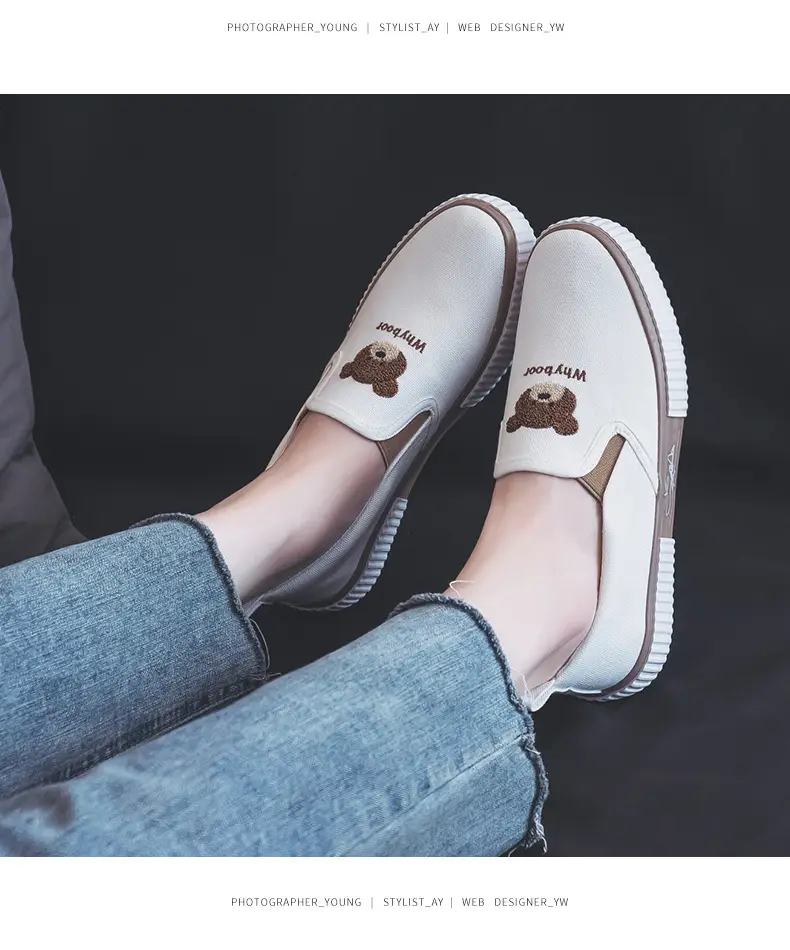 Work practice low-top elastic band slip-on women's shoes all-match breathable slip-on bear black canvas shoes — feature 13