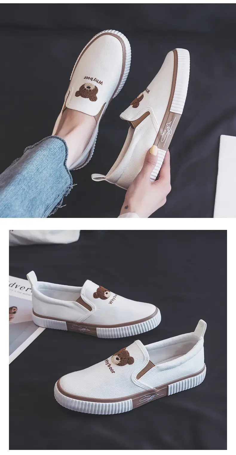 Work practice low-top elastic band slip-on women's shoes all-match breathable slip-on bear black canvas shoes — feature 14