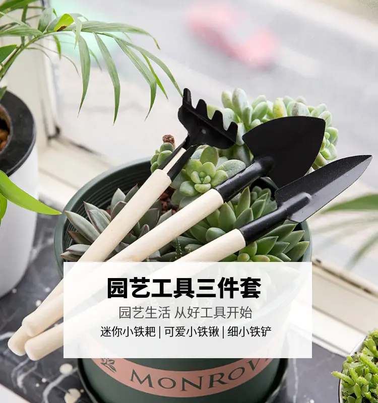 Wholesale garden planting flowers and succulent garden planting tools suit small shovel iron rake gardening three-piece set — feature 1