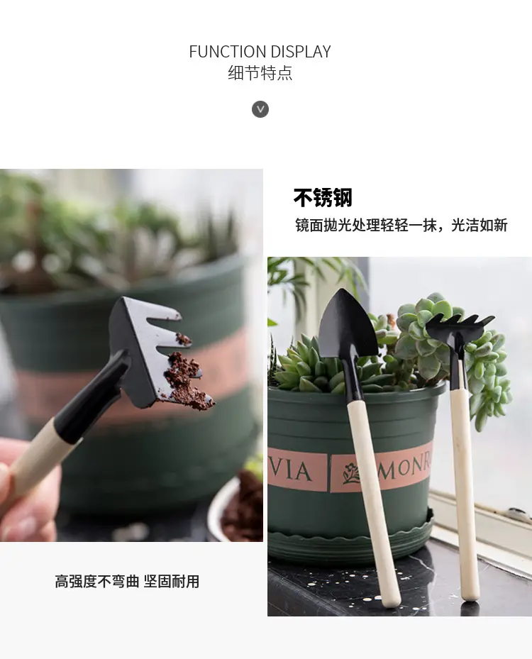 Wholesale garden planting flowers and succulent garden planting tools suit small shovel iron rake gardening three-piece set — feature 12
