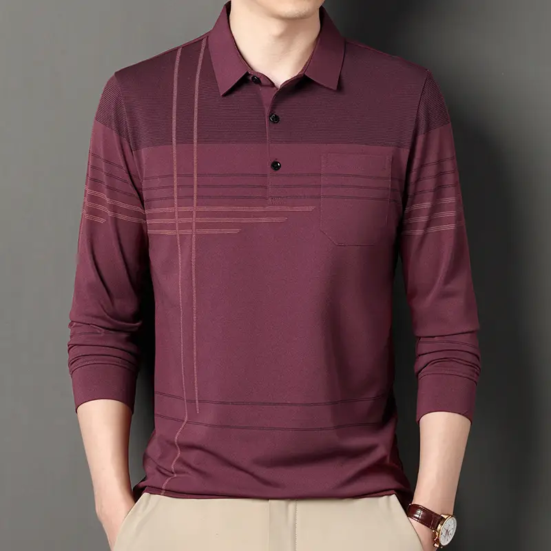 Men Maroon Striped Polo Shirt Long Sleeve 2024