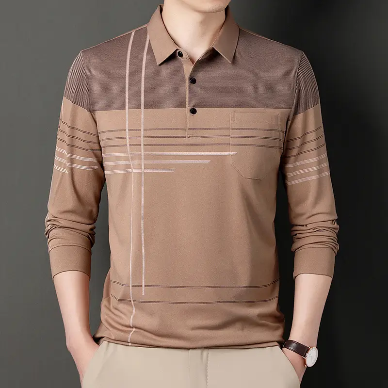 Men Maroon Striped Polo Shirt Long Sleeve 2024