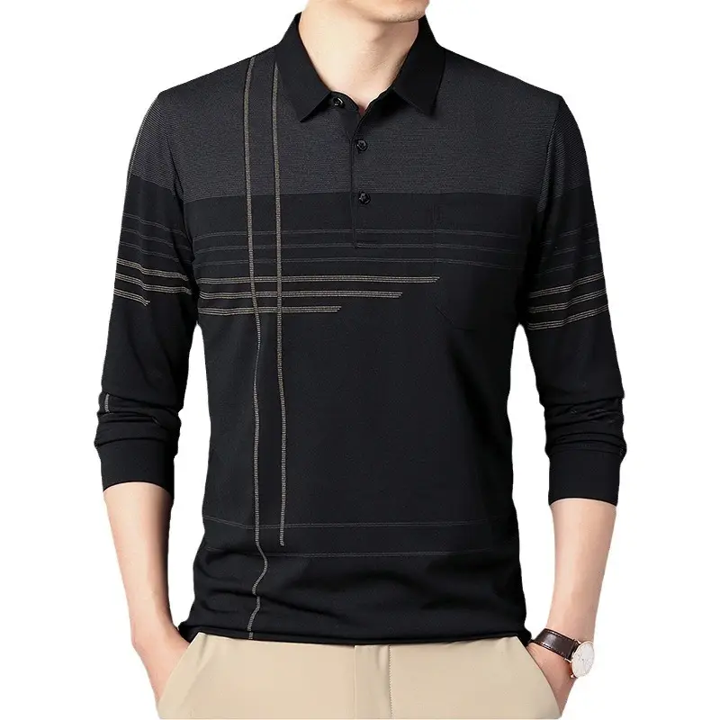 Men Maroon Striped Polo Shirt Long Sleeve 2024