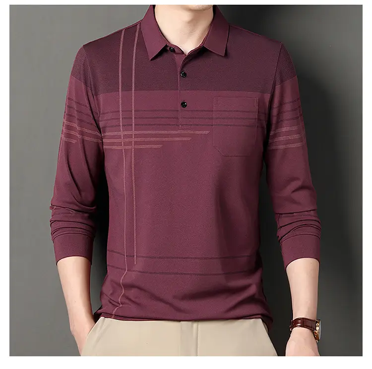 Men Maroon Striped Polo Shirt Long Sleeve 2024 — feature 19