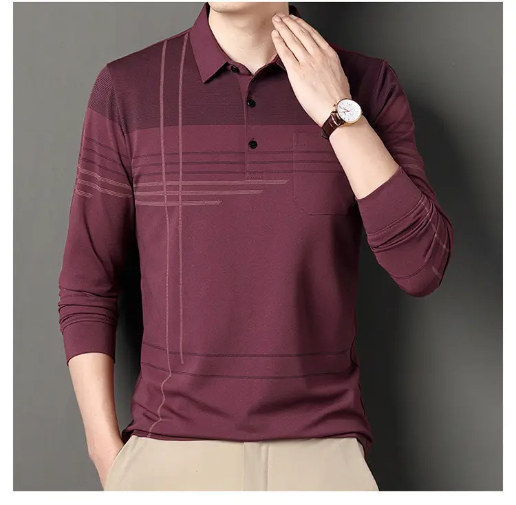 Men Maroon Striped Polo Shirt Long Sleeve 2024 — feature 20