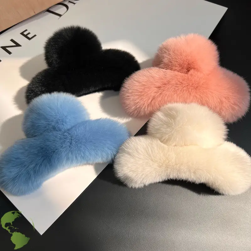 Women Furry Plush Hairpin Clip Blue