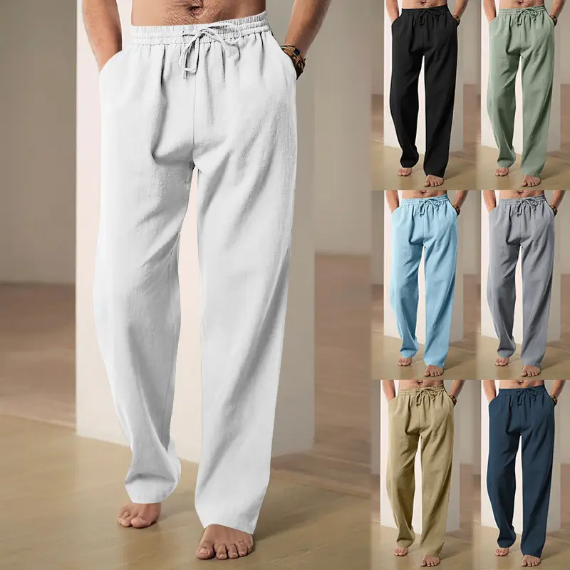 Men Wide Leg Pants Cotton Linen Spring Summer Loose Sweatpants - Image 11