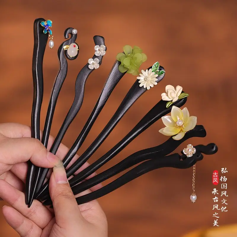 Wooden Hairpin with Cherry Embroidery for Women