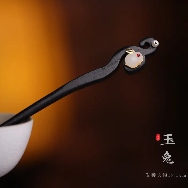 Wooden Hairpin with Cherry Embroidery for Women