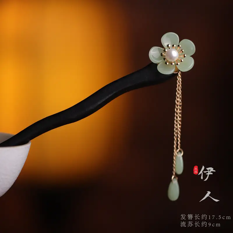 Wooden Hairpin with Cherry Embroidery for Women