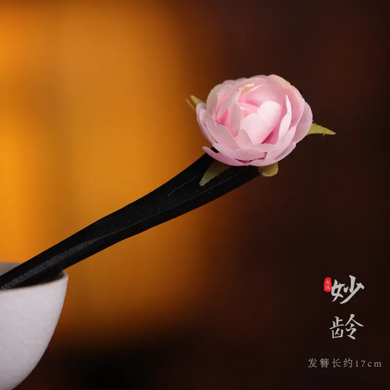 Wooden Hairpin with Cherry Embroidery for Women