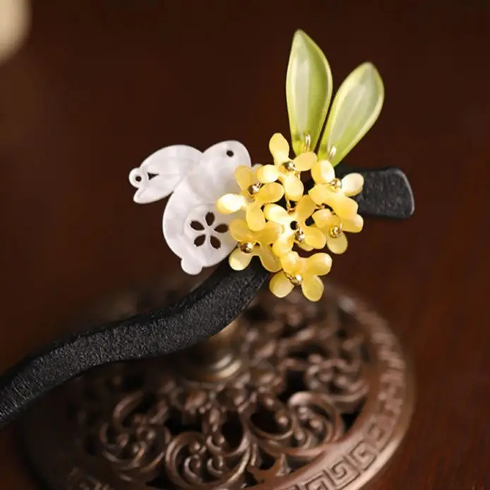 Wooden Hairpin with Cherry Embroidery for Women